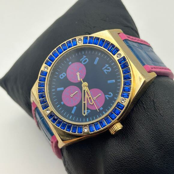 Adrienne Gold Blue Crystal Bezel Pink Blue Leather Working New Battery - Picture 3 of 8